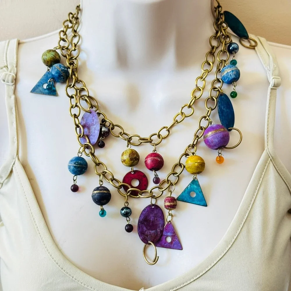 VTG BOHO Colorful Brass Chain Dangle Belt Necklace Cha‎ cha Glass Chunky Retro